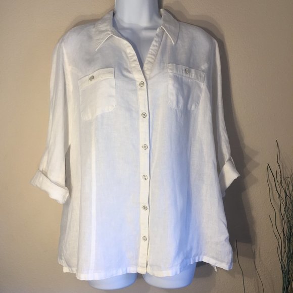 JM Collection White Linen Button Down Shirt Women’s 12P Petite Roll Tab Sleeves - Picture 1 of 15